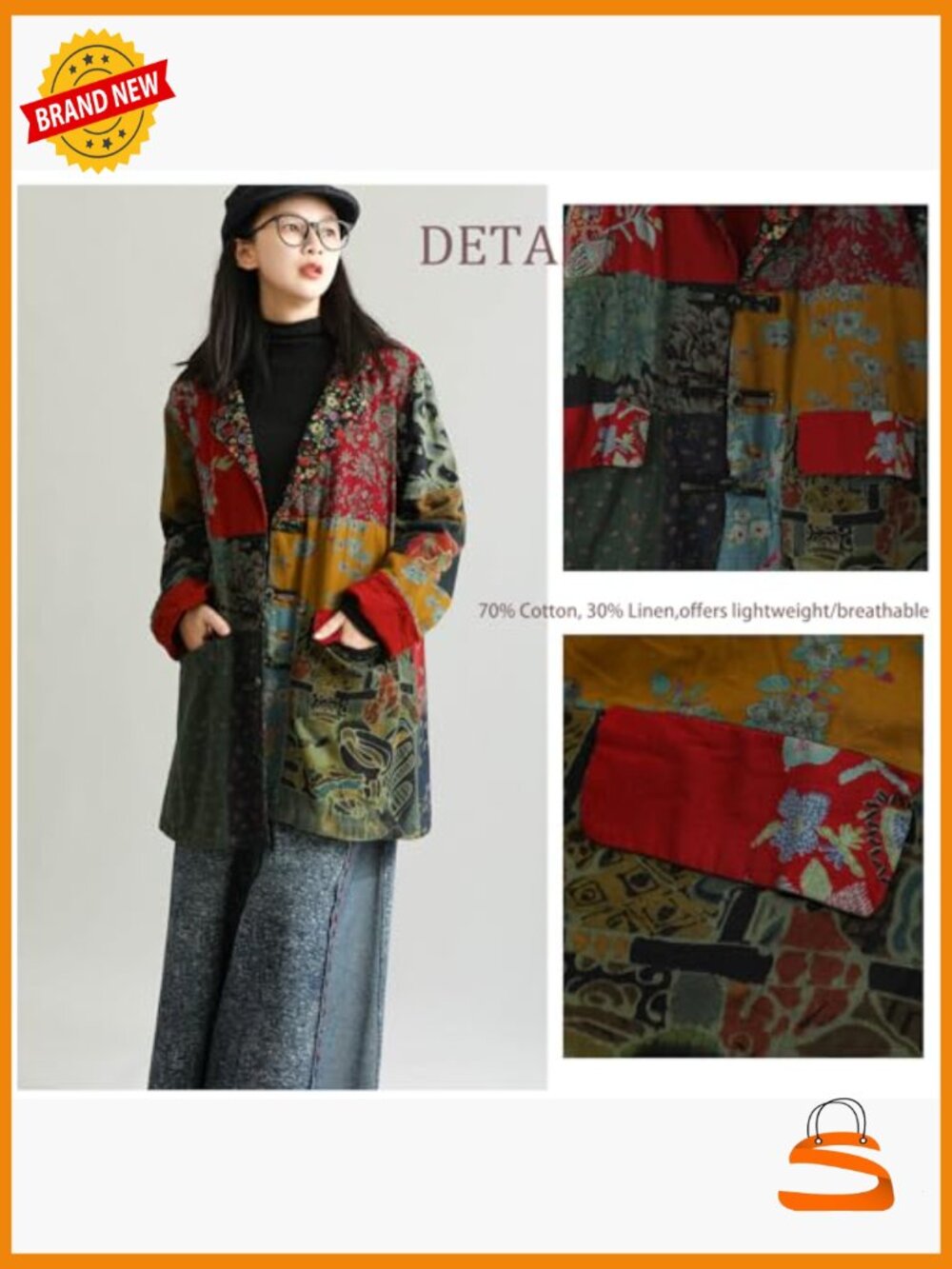 Patchwork Duster Coat, Handmade Frog Button Cotton Linen Bohemian Blazer - Picture 2 of 7
